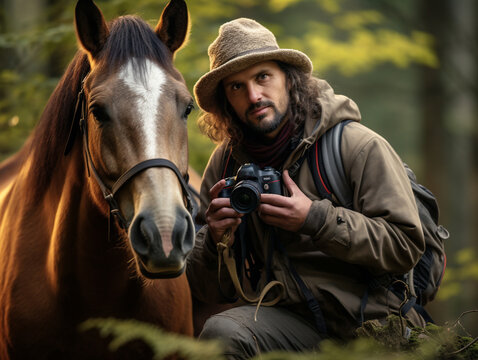 A Photo of a Horse and a Wildlife Photographer in Nature