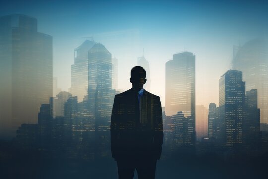 Business background, businessman double exposure effect and city buildings illustration