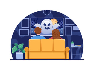 Vector illustration of a couple engrossed in a late-night horror movie on their cozy living room sofa, evoking palpable suspense and thrill.
Perfect for web, animation, landing page, etc