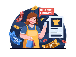 Vector illustration Celebrate Black Friday sale with a Woman shopping on her smartphone during a special promotion, showcasing the convenience of mobile shopping and exclusive discounts.