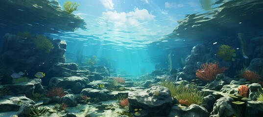 Fototapeta na wymiar Sea underwater coral and fish with sunlight. Generative AI technology. 