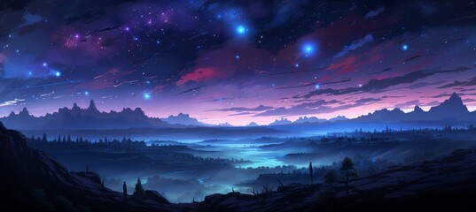 Wonderful starry night landscape. Drawing illustration design. Generative AI technology.