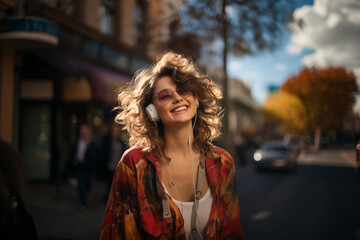 Mulher muito feliz e curtindo uma boa música no fone de ouvido enquanto anda na rua. - obrazy, fototapety, plakaty