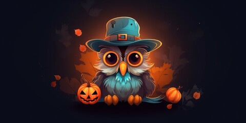 Halloween background Cartoon cute owl with empty space, halloween decoration 