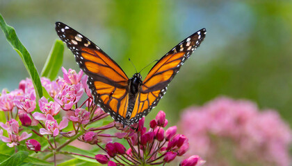 Macro abstract view of a monarch butterfly feeding on the flower blossoms of an attractive rosy pink swamp milkweed plant (asclepias incarnata), with defocused background