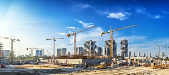 Building construction sites development and tower cranes. Generative AI technology.