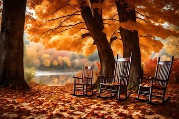 Fotobehang Bench in autumn park. Autumn landscape. © Malaika