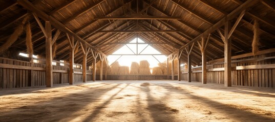 Fototapeta premium Traditional wooden barn interior with shiny light. Generative AI technology. 