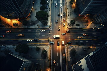 top view of intersection in a prosperous city, time lapse of car, long shutter speed - obrazy, fototapety, plakaty