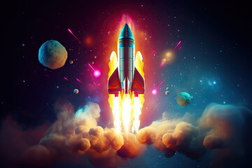 Rocket flying up into out space, galaxy background