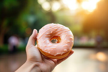 closeup hand hold donut with blur background - obrazy, fototapety, plakaty