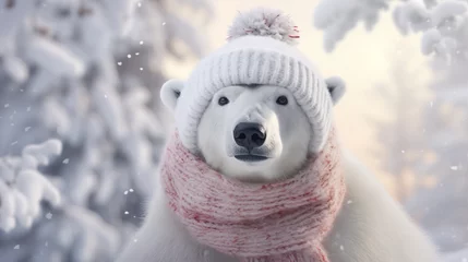 Poster Polar bear wearing a scarf in cold winter  © 俊后生