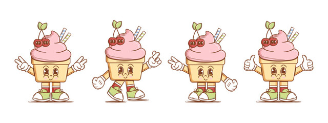 Set of Cute Character Ice cream in groovy style. Isolated retro stickers on a transparent background for various purposes. Vintage vector illustration.