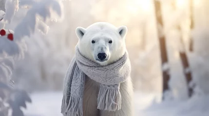 Schilderijen op glas Polar bear wearing a scarf in cold winter  © 俊后生