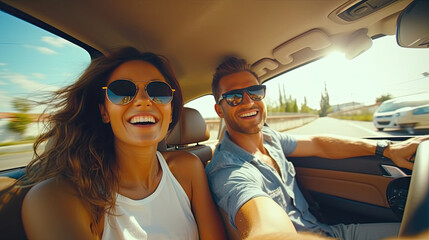 transport, road trip, technology and people concept - smiling couple driving in car, travel concept