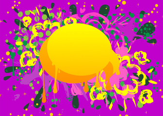 Green, yellow and purple graffiti speech bubble background. Abstract vector Messaging sign street art decoration, Discussion icon performed in urban painting style.