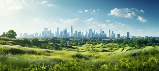 Nature with city skyline background. Generative AI technology.	
