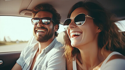 transport, road trip, technology and people concept - smiling couple driving in car, travel concept