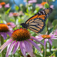 Obraz premium Close-up view of a monarch butterfly feeding on purple coneflowers (echinacea purpurea) in a sunny ornamental garden