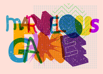 Risograph Marvelous Game word with geometric shapes. Object in trendy riso graph design.
