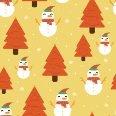 Snowman with a scarf around his neck cute cartoon and christmas gifts seamless pattern illustration animal wallpaper for wrapping paper 