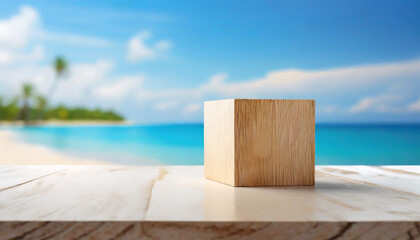 Wooden cube on white tabletop with blurred beach and blue sky background. Summer vacation concept....
