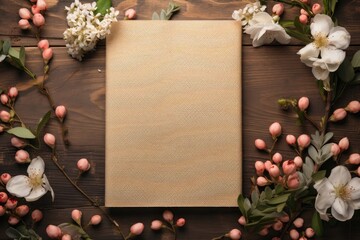 A blank mockup journal cover, offering space for personalization, is adorned with flowers and positioned on a wooden table, creating a charming display. Photorealistic illustration - obrazy, fototapety, plakaty