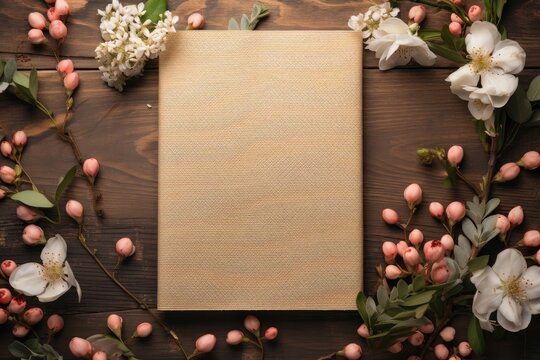 A blank mockup journal cover, offering space for personalization, is adorned with flowers and positioned on a wooden table, creating a charming display. Photorealistic illustration