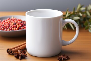 Obraz na płótnie Canvas A close-up view of a white mug, presented as a mockup, provides a detailed perspective of the mug's surface, offering ample space for customization. Photorealistic illustration