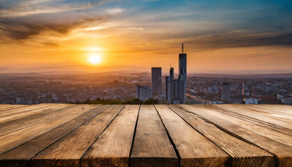Wooden table top on blurred city with sunset view background - can be used for display or montage your products. High quality photo