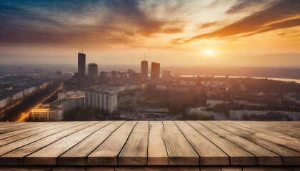 Wooden table top on blurred city with sunset view background - can be used for display or montage...