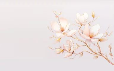 Schilderijen op glas Golden-edged magnolia branches on an elegant background. Wedding invitations, greeting cards, wallpaper, background, printing, fabric © An Amanita