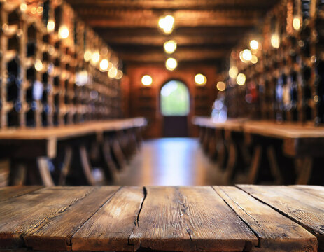 Empty wooden table. Blurred wine cellar in the background. Winery and beverage concept. High quality photo
