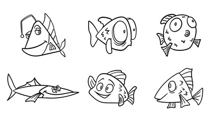 Sea animals coloring page Cute fish cartoon characters set Set of isolated line hand drawn fish