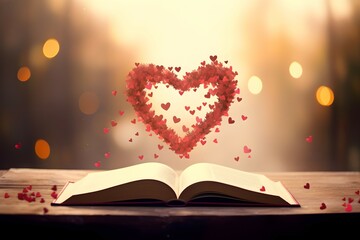 a romantic background with a heart shape floating on an open book - obrazy, fototapety, plakaty