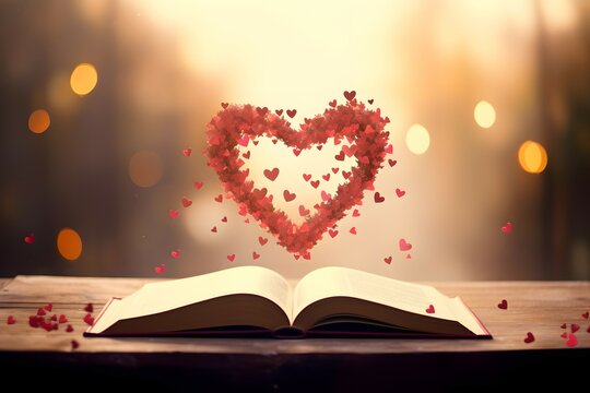 a romantic background with a heart shape floating on an open book