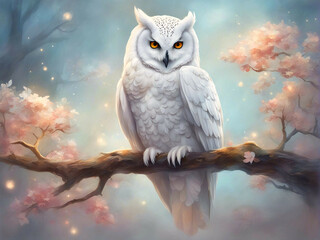 Fantasy art of a great horned white owl on a tree branch. 