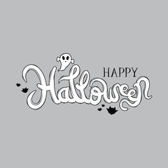 Happy Halloween hand drawn lettering. Happy Halloween lettering with bats and ghost. Unique design element for halloween with pumpkin. Stylized sketch typography.