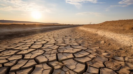 The fields are dry, the land is broken. And the evening sun. Effects of climate change such as desertification and droughts. - obrazy, fototapety, plakaty
