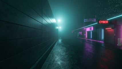 Dark Cyberpunk Street With Holographic Advertising, Neon Lights And Old Asphalt. Scifi Scene Without People. Urban Style. Tomorrow Aesthetic For Templates. Fashion Render Design. 3D Illustration - 667961548