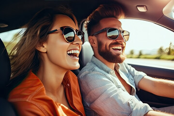 transport, road trip, technology and people concept - smiling couple driving in car, travel concept - obrazy, fototapety, plakaty