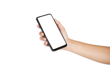 White screen phone in hand isolated on white background with clipping path, smartphone mockup