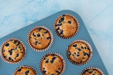 Fresh baked blueberry muffins top view flat lay. Tasty Sweet cupcake. Pastry homemade dessert. Berry pie in silicone muffin tin. Healthy vegan cupcakes with organic berries Baked in reusable silicon