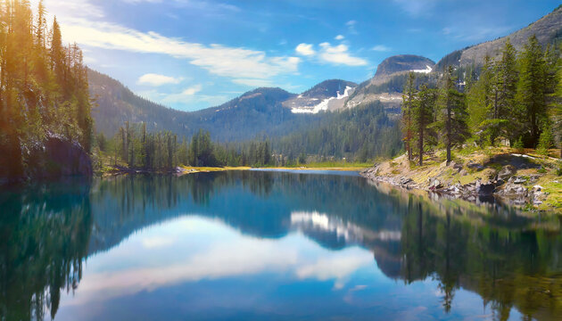 A serene mountain landscape with a reflective lake, surrounded by picturesque mountains and trees, illustrating nature's serene beauty. High quality photo © Milla