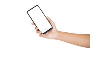 Hand holding empty screen phone isolated on white background with clipping path, front view blank screen phone
