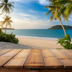 Wooden table over blur tropical beach background, product display montage. High quality photo