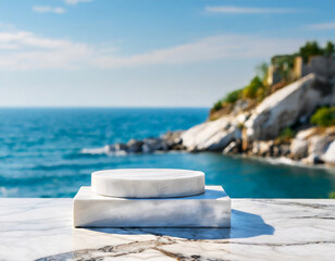 White marble podium with sea view on background. High quality photo