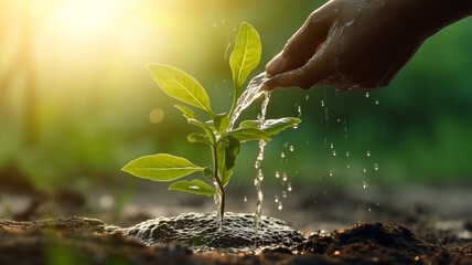 Hand nurturing and watering plants growing  on fertile soil at sunset background Ecology concept - obrazy, fototapety, plakaty