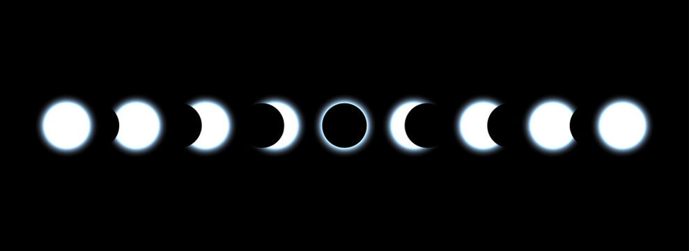 Full moon eclipse concept illustration. Set of moon phases or stages. Total sun eclipse and lunar cycle. Blue glow elements collection for poster, banner, collage, brochure, cover. Vector