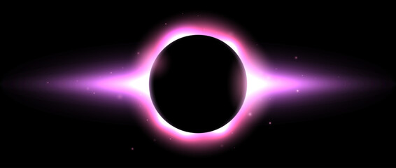 Iridescent round aura eclipse. Pink purple planet glow background. Sun or moon total eclipse in dark space. Star aurora flare with sparks and sparkles effects. Vector illustration - obrazy, fototapety, plakaty